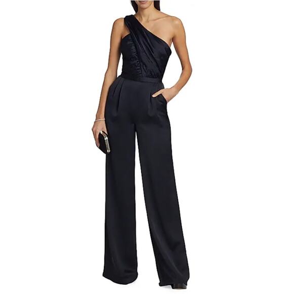 RAMY BROOK Women's Black Myra Asymmetric Pleated Satin Jumpsuit Size 10 - Picture 1 of 8